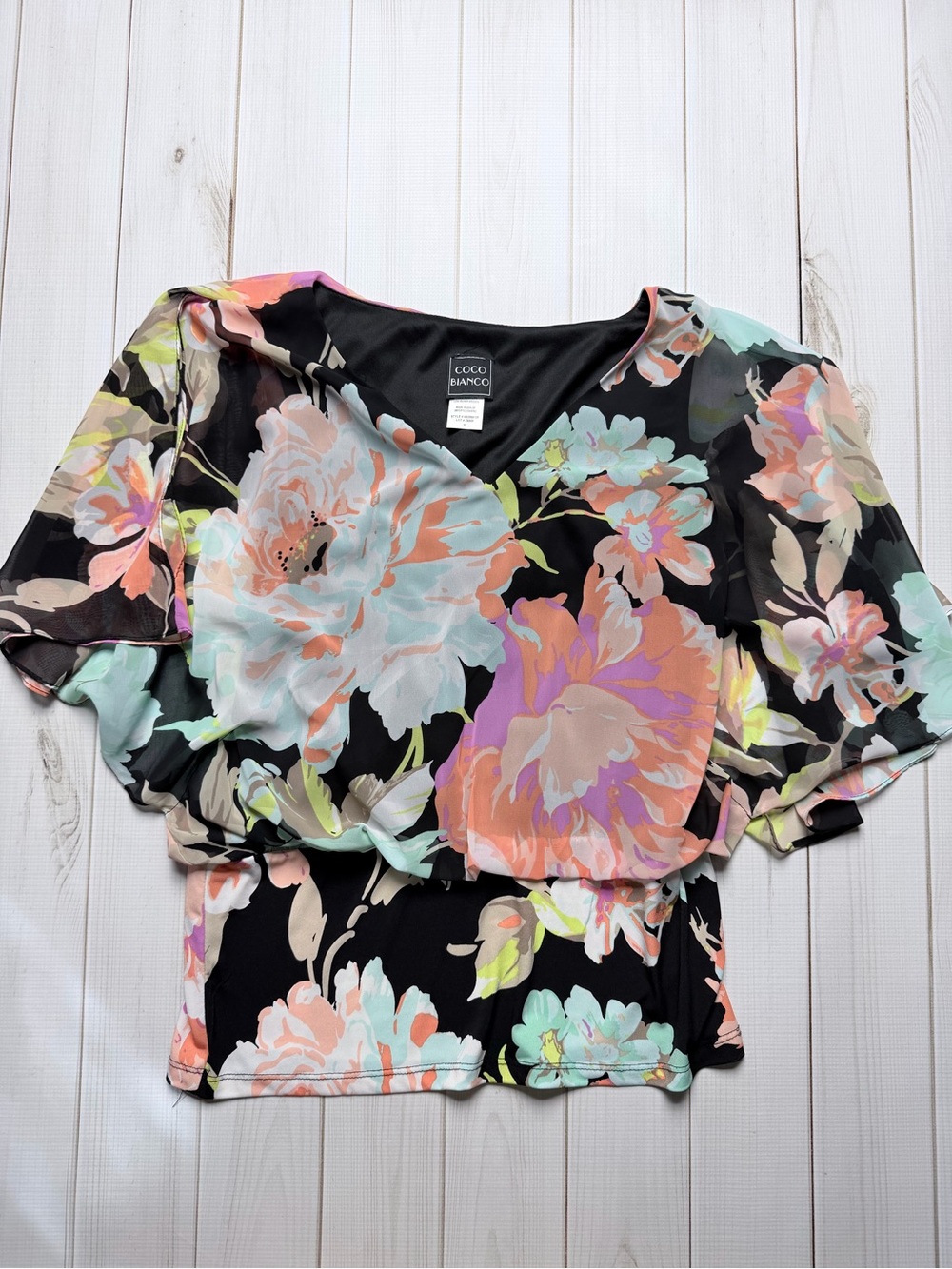 Coco Bianco Black Floral V-Neck Flutter Sleeve Blouse with Pastel Blooms